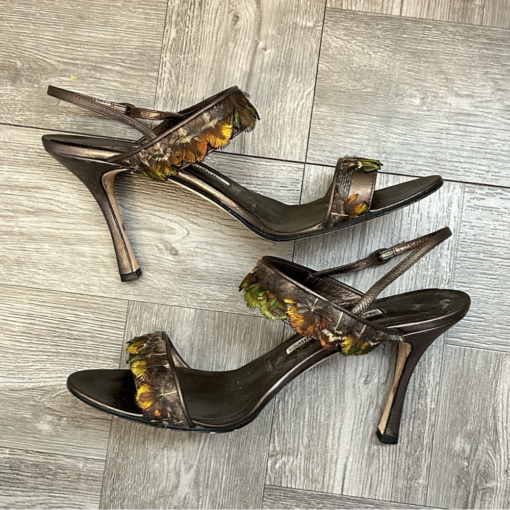 Manolo Blahnik Green and Brown Peacock Heels
